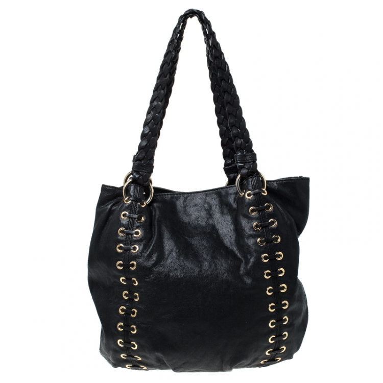 Pre Owned Michael Michael Kors Black Leather Astor Grommet Drawstring Tote
