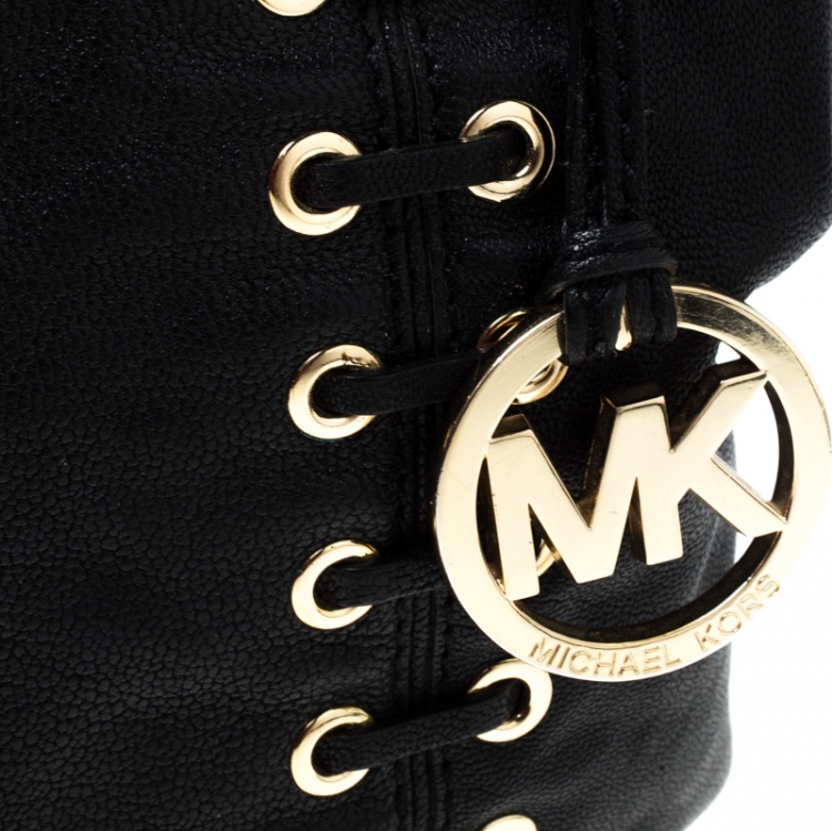 Pre Owned Michael Michael Kors Black Leather Astor Grommet Drawstring Tote