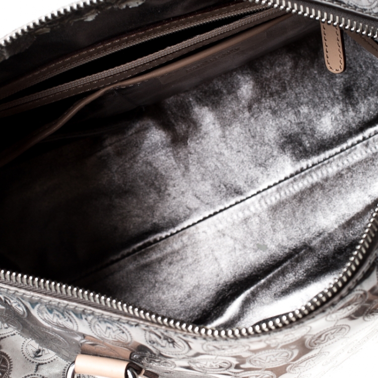 Pre Owned Michael Michael Kors Metallic Silver Mirror Signature Leather Large Grayson Satchel 