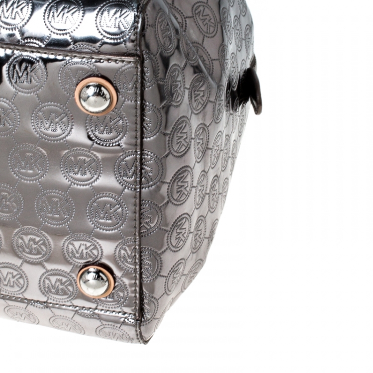 Pre Owned Michael Michael Kors Metallic Silver Mirror Signature Leather Large Grayson Satchel 