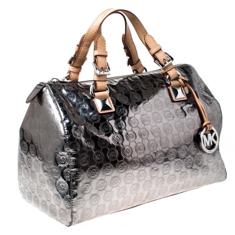 Pre Owned Michael Michael Kors Metallic Silver Mirror Signature Leather Large Grayson Satchel 