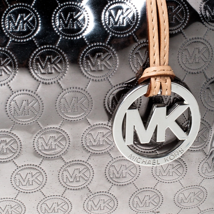 Pre Owned Michael Michael Kors Metallic Silver Mirror Signature Leather Large Grayson Satchel 