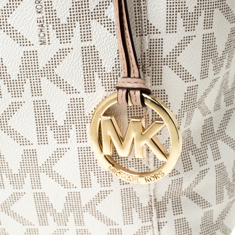 Pre Owned Michael Michael Kors Off White Signature Coated Canvas Jet Set Tote