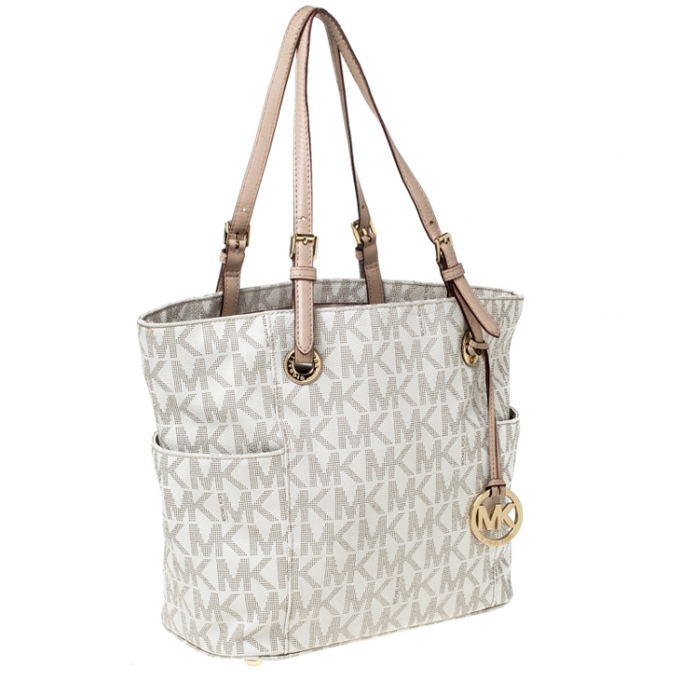 Pre Owned Michael Michael Kors Off White Signature Coated Canvas Jet Set Tote