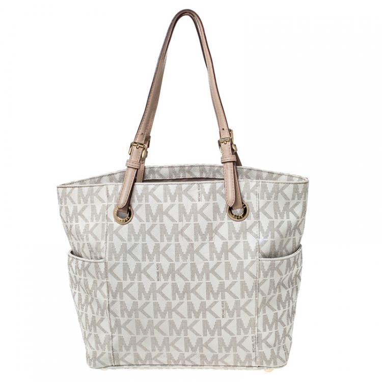 Pre Owned Michael Michael Kors Off White Signature Coated Canvas Jet Set Tote