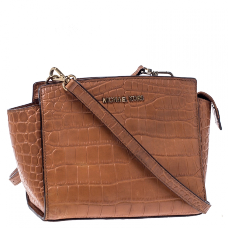Pre Owned  MICHAEL Michael Kors Tan Croc Embossed Leather Selma Crossbody Bag