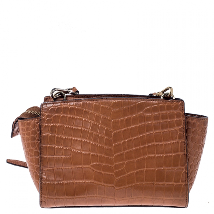 Pre Owned  MICHAEL Michael Kors Tan Croc Embossed Leather Selma Crossbody Bag
