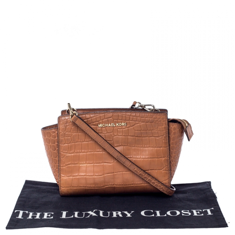 Pre Owned  MICHAEL Michael Kors Tan Croc Embossed Leather Selma Crossbody Bag