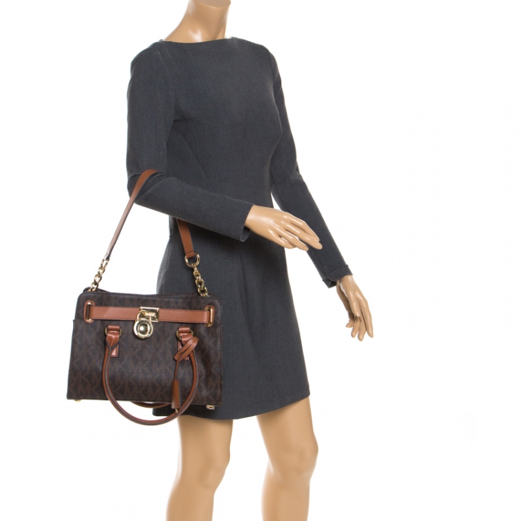 Pre Owned MICHAEL Michael Kors Brown Signature Coated Canvas Hamilton Tote