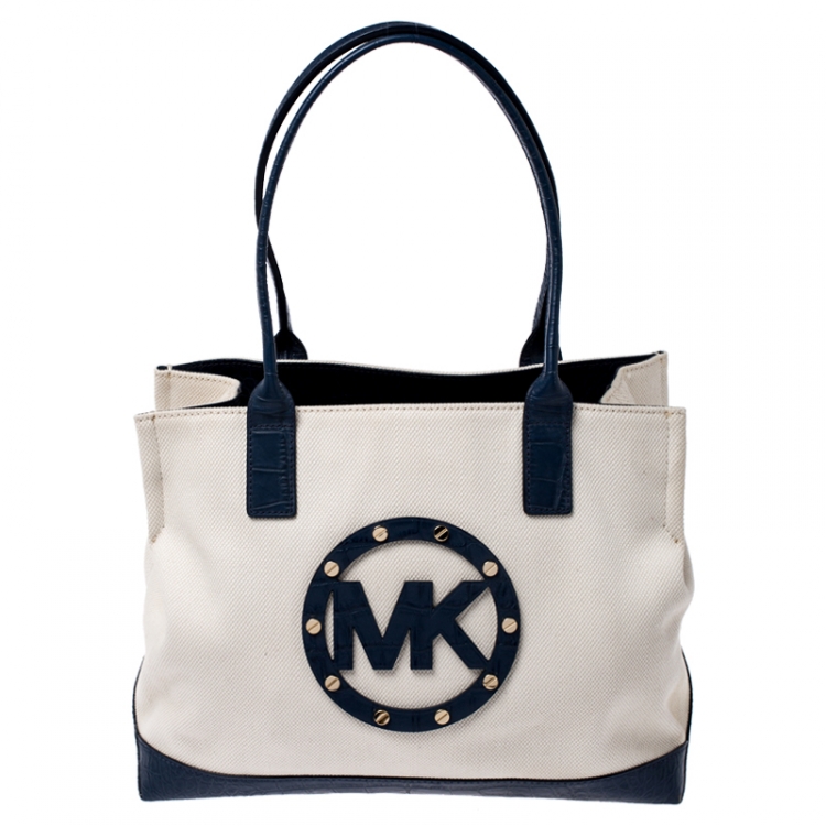 Michael Michael Kors Off White/Blue Canvas and Croc Embossed Leather Tote MICHAEL  Michael Kors | TLC