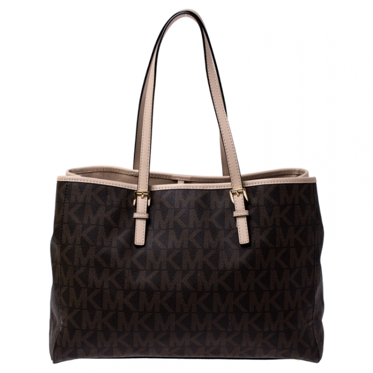 Pre Owned Michael Michael Kors Brown Signature Coated Canvas Jet Set Travel Tote