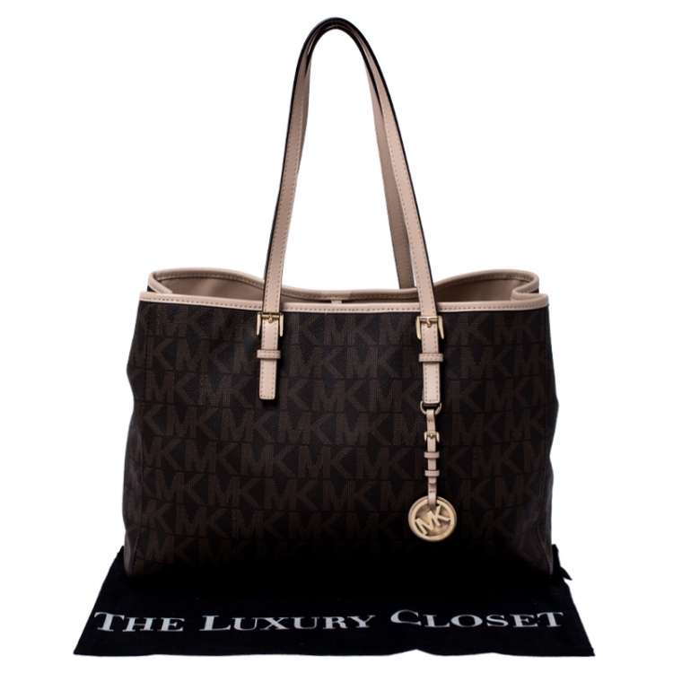 Pre Owned Michael Michael Kors Brown Signature Coated Canvas Jet Set Travel Tote
