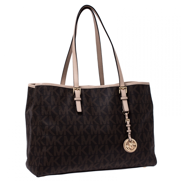 Pre Owned Michael Michael Kors Brown Signature Coated Canvas Jet Set Travel Tote