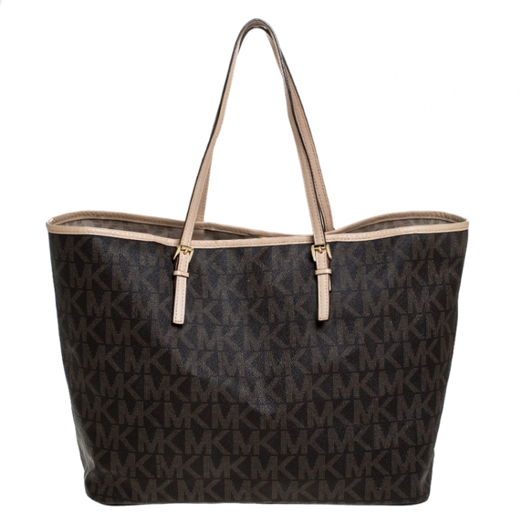 Pre Owned Michael Kors Brown Signature Coated Canvas Jet Set Tote