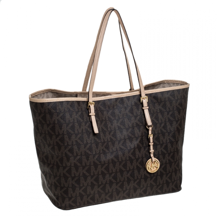 Pre Owned Michael Kors Brown Signature Coated Canvas Jet Set Tote