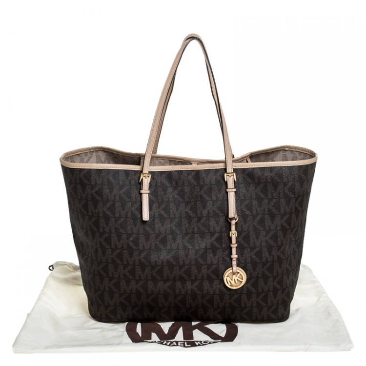 Pre Owned Michael Kors Brown Signature Coated Canvas Jet Set Tote