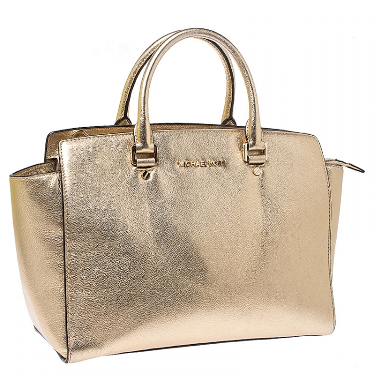 Pre Owned MICHAEL Michael Kors Metallic Gold Leather Large Selma Tote