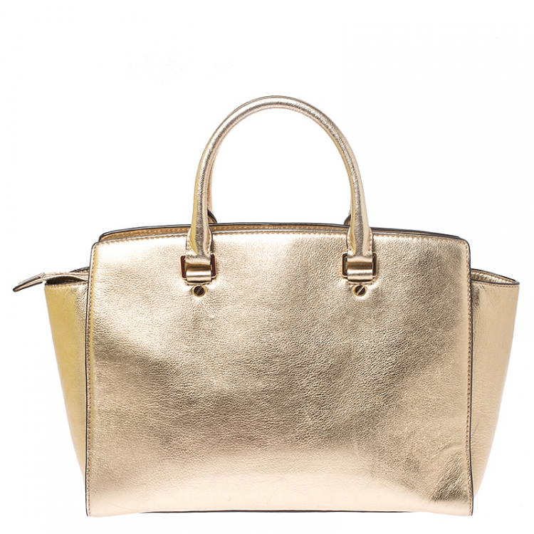 Pre Owned MICHAEL Michael Kors Metallic Gold Leather Large Selma Tote