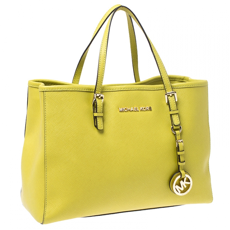 Pre Owned MICHAEL Michael Kors Neon Green Saffiano Leather Small Jet Set Travel Tote