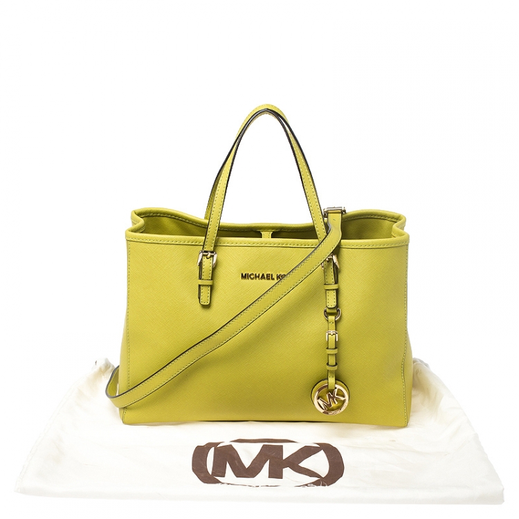 Pre Owned MICHAEL Michael Kors Neon Green Saffiano Leather Small Jet Set Travel Tote