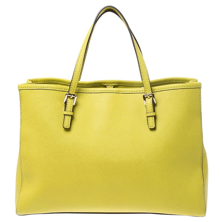 Pre Owned MICHAEL Michael Kors Neon Green Saffiano Leather Small Jet Set Travel Tote