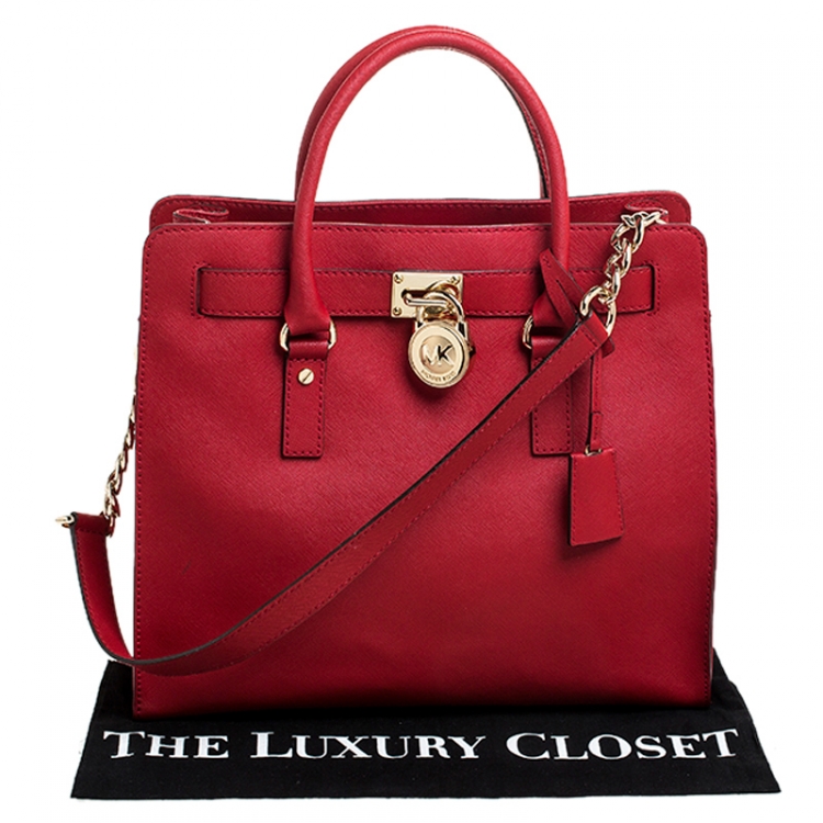 Pre Owned MICHAEL Michael Kors Red Saffiano Leather Large Hamilton North South Tote