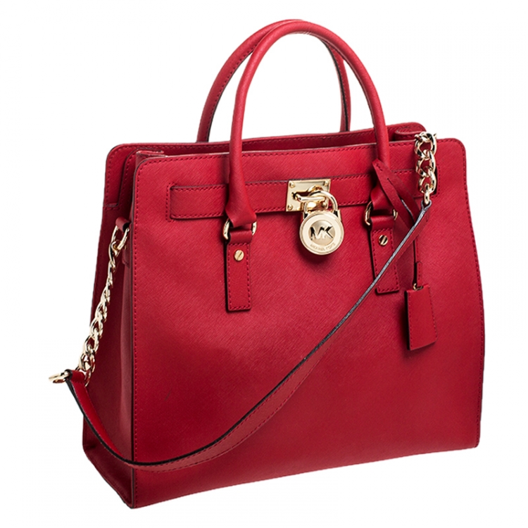 Pre Owned MICHAEL Michael Kors Red Saffiano Leather Large Hamilton North South Tote