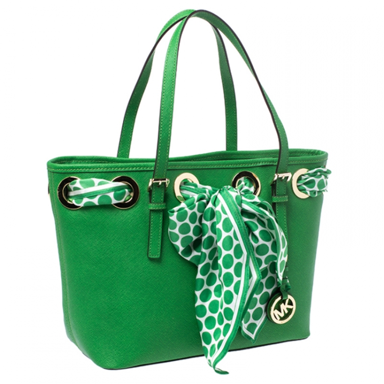 Pre Owned MICHAEL Michel Kors Green Leather Jet Set Scarf Tote
