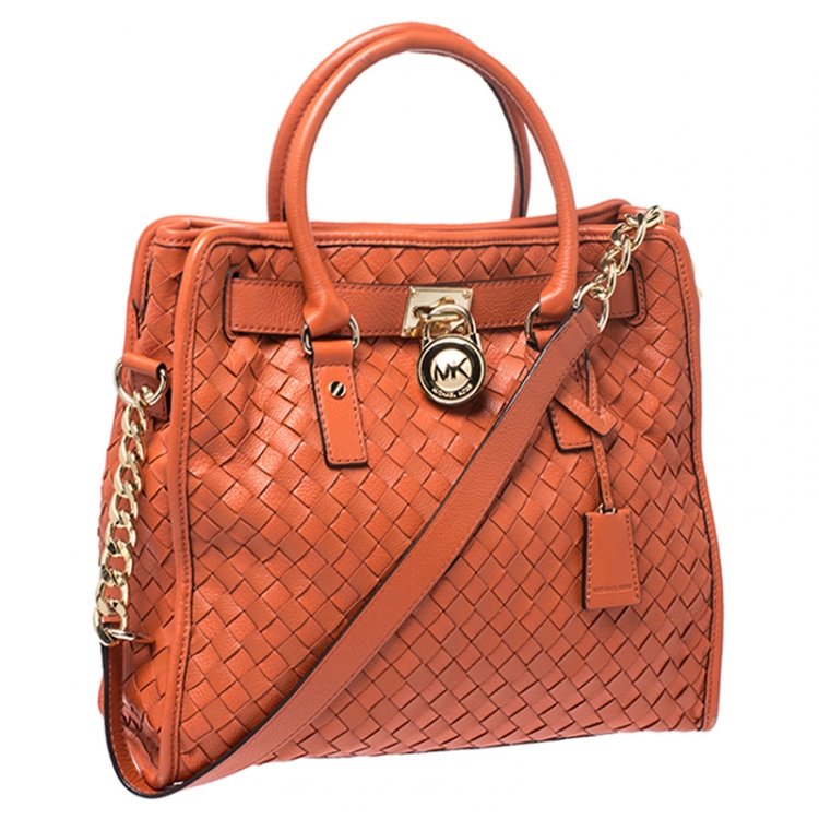 Pre Owned MICHAEL Michael Kors Orange Woven Leather Large Hamilton Tote 