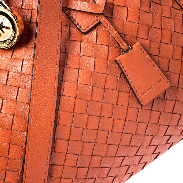 Pre Owned MICHAEL Michael Kors Orange Woven Leather Large Hamilton Tote 