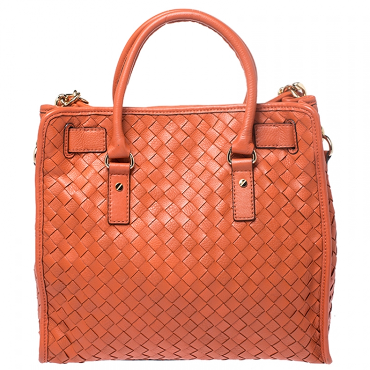 Pre Owned MICHAEL Michael Kors Orange Woven Leather Large Hamilton Tote 