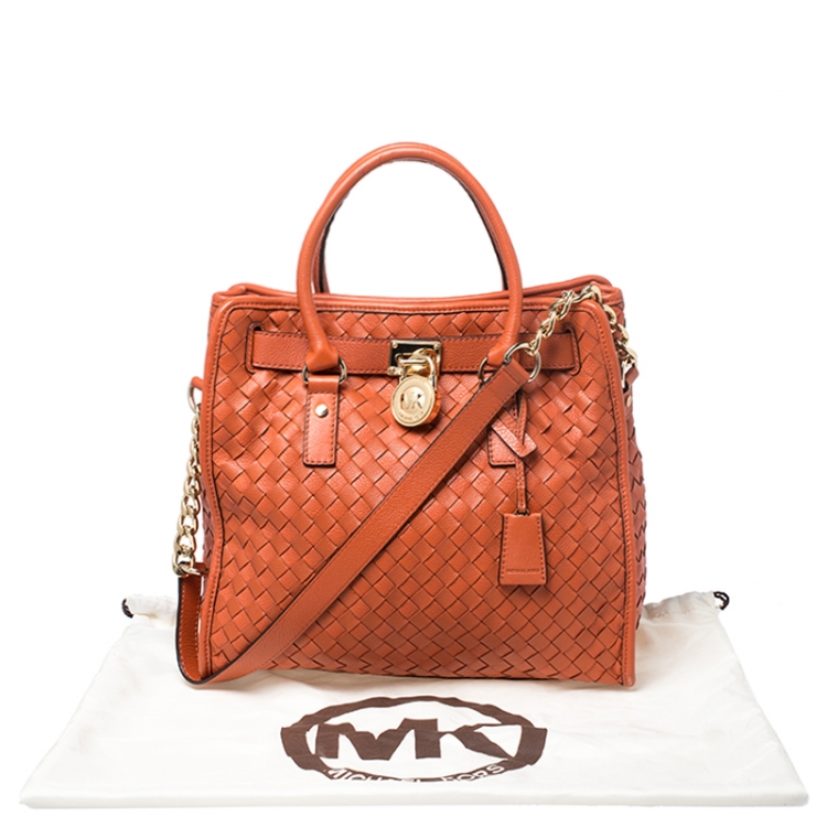 Pre Owned MICHAEL Michael Kors Orange Woven Leather Large Hamilton Tote 