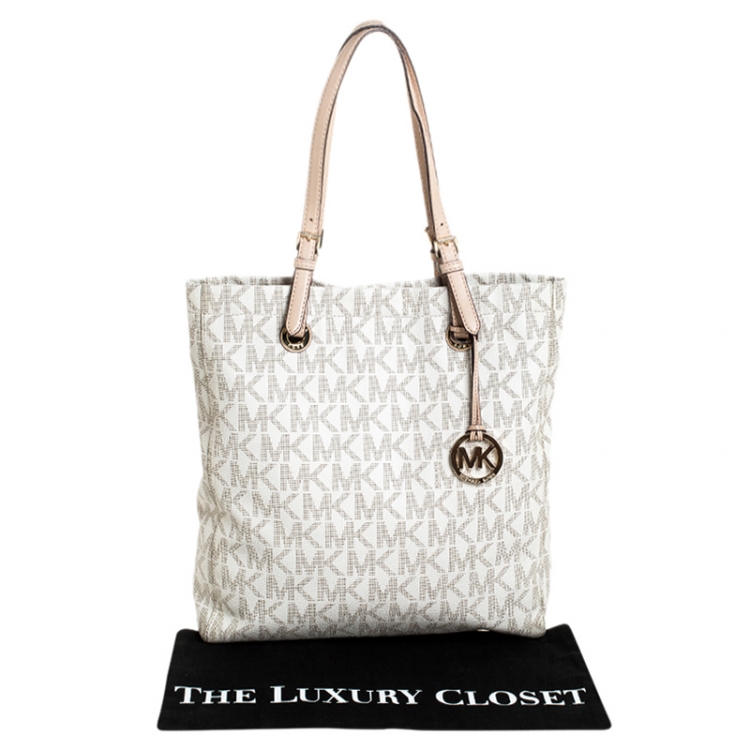 Pre Owned MICHAEL Michael Kors Beige Signature Coated Canvas Large Jet Set Tote