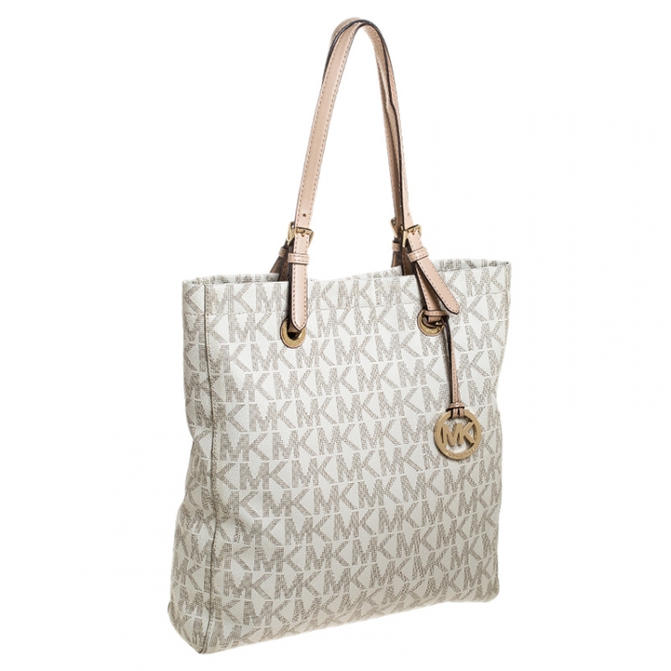 Pre Owned MICHAEL Michael Kors Beige Signature Coated Canvas Large Jet Set Tote