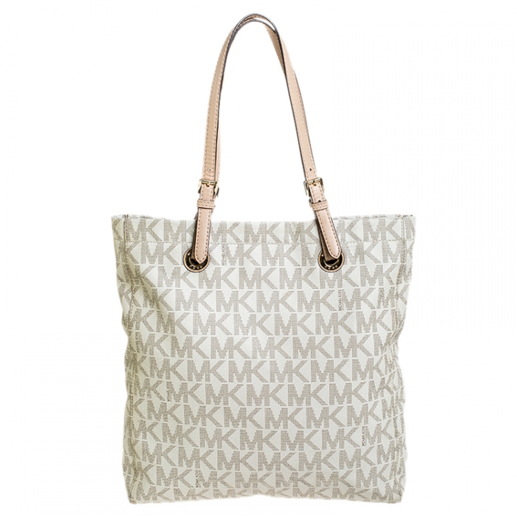 Pre Owned MICHAEL Michael Kors Beige Signature Coated Canvas Large Jet Set Tote