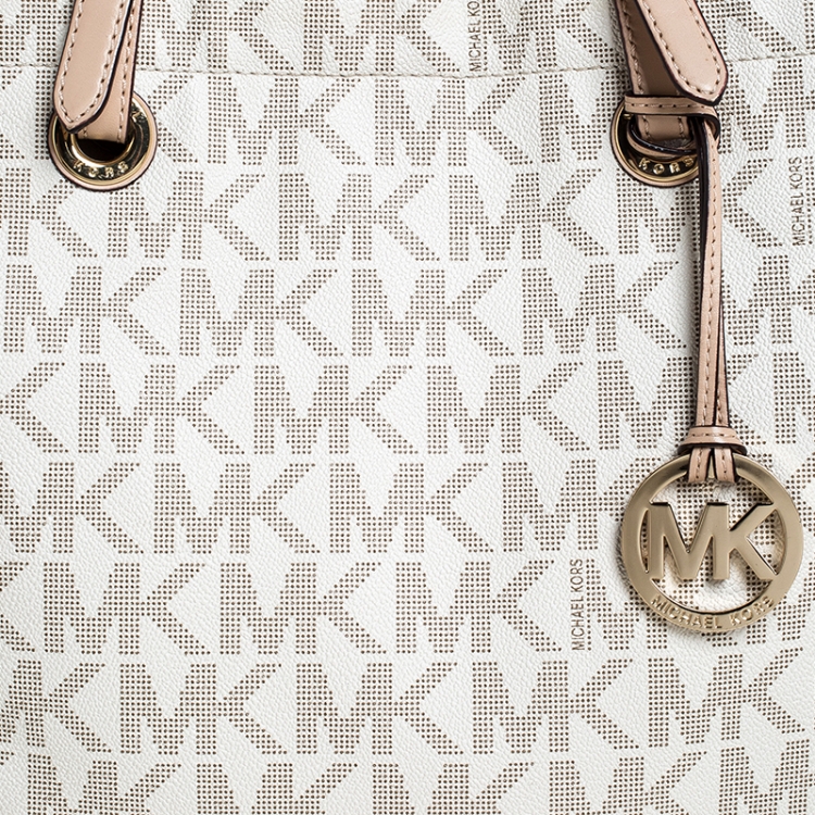 Pre Owned MICHAEL Michael Kors Beige Signature Coated Canvas Large Jet Set Tote