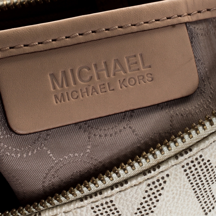 Pre Owned MICHAEL Michael Kors Ivory/Beige Signature Coated Canvas Grayson Satchel