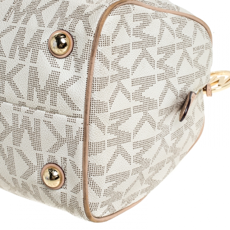 Pre Owned MICHAEL Michael Kors Ivory/Beige Signature Coated Canvas Grayson Satchel