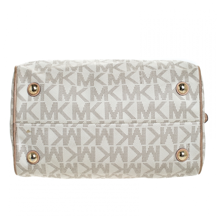 Pre Owned MICHAEL Michael Kors Ivory/Beige Signature Coated Canvas Grayson Satchel