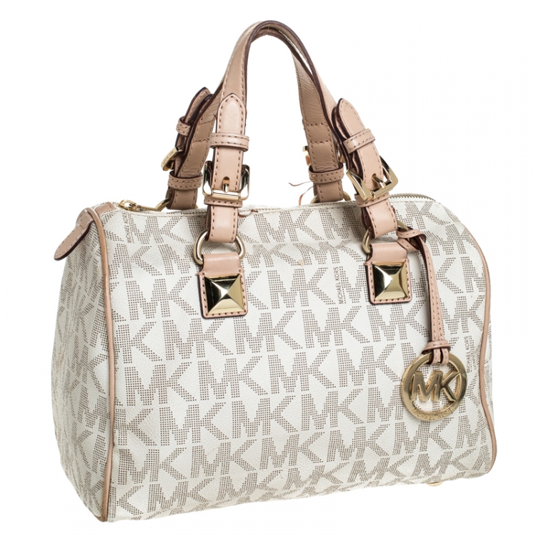 Pre Owned MICHAEL Michael Kors Ivory/Beige Signature Coated Canvas Grayson Satchel