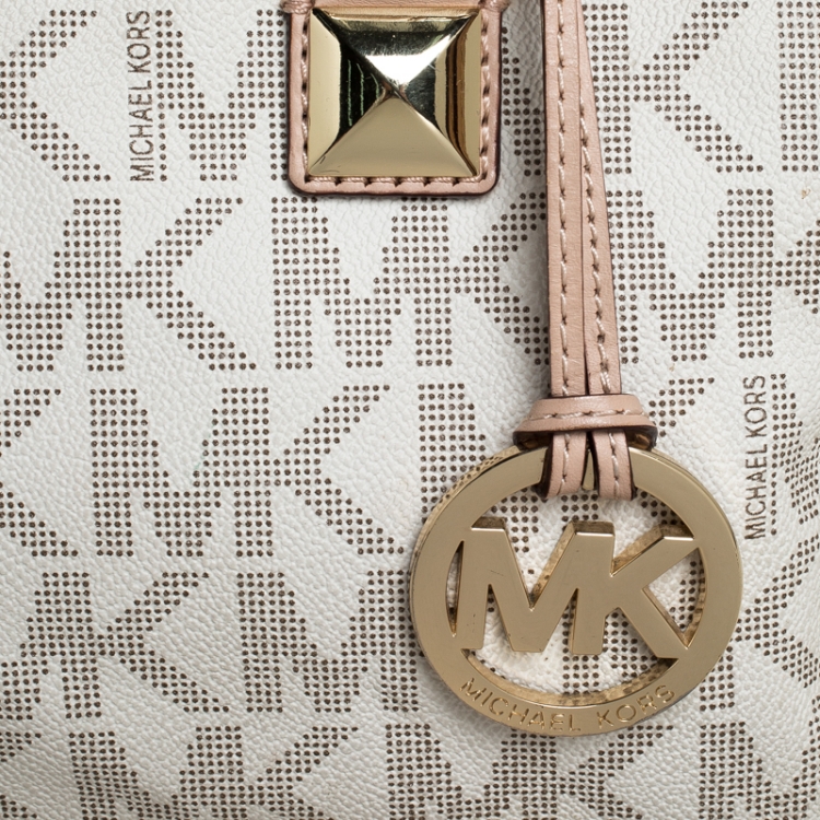 Pre Owned MICHAEL Michael Kors Ivory/Beige Signature Coated Canvas Grayson Satchel