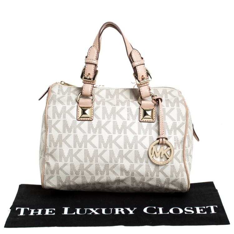 Pre Owned MICHAEL Michael Kors Ivory/Beige Signature Coated Canvas Grayson Satchel