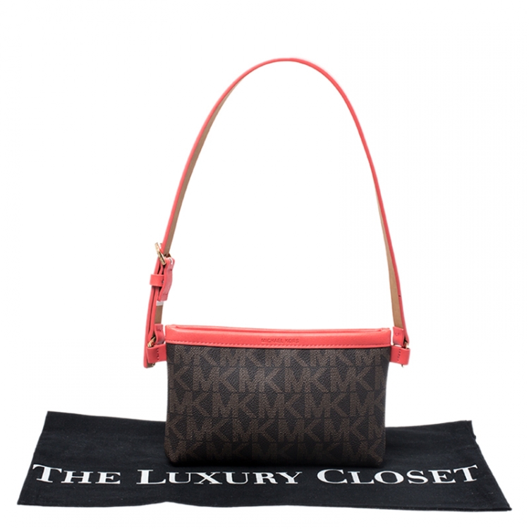 Pre Owned MICHAEL Michael Kors Brown/Red Signature Coated Canvas and Leather Belt Bag
