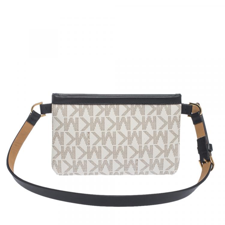 Pre Owned MICHAEL Michael Kors White/Black Signature Coated Canvas and Leather Belt Bag