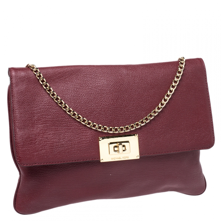 Pre Owned MICHAEL Michael Kors Maroon Leather Turnlock Chain Shoulder Bag