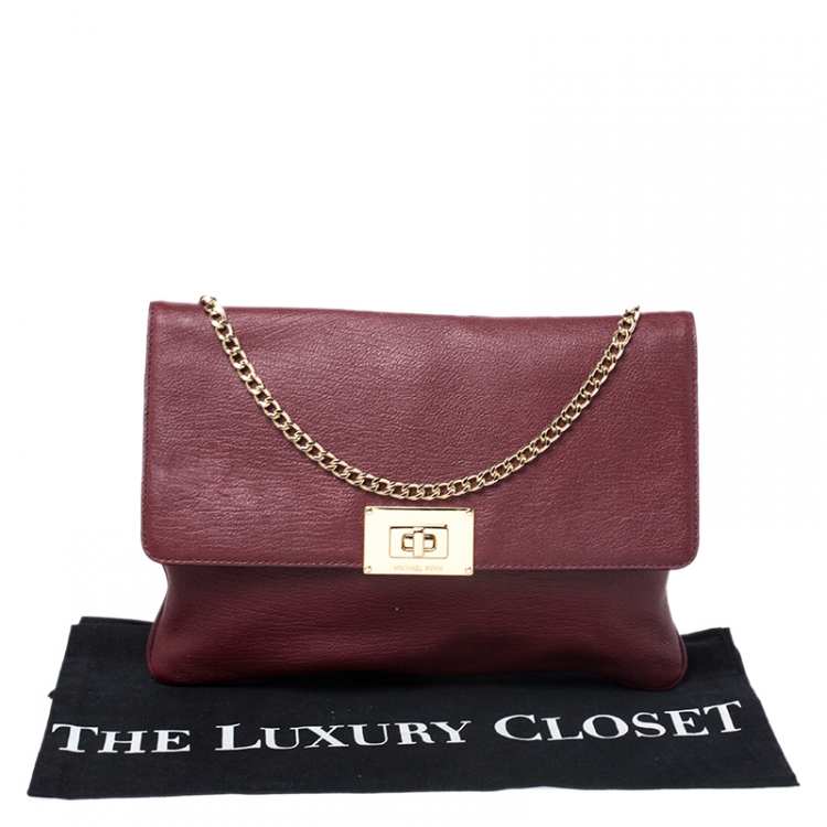 Pre Owned MICHAEL Michael Kors Maroon Leather Turnlock Chain Shoulder Bag