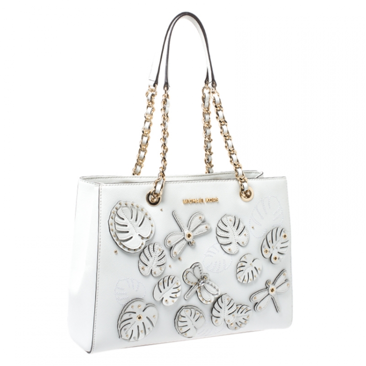 Pre Owned Michael Kors White Embroidered Leather Medium EW Susannah Tote