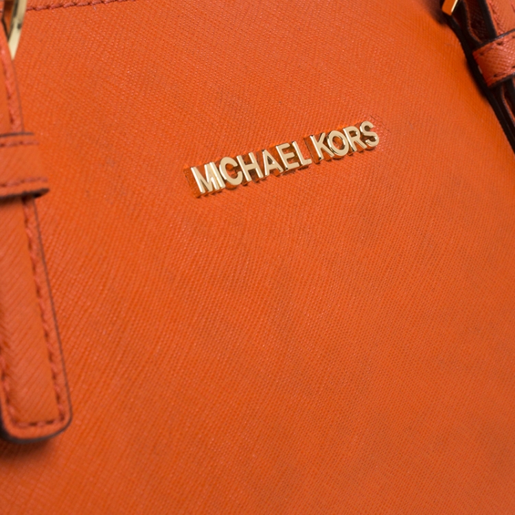 Pre Owned MICHAEL Michael Kors Orange Saffiano Leather Top Zip Jet Set Tote