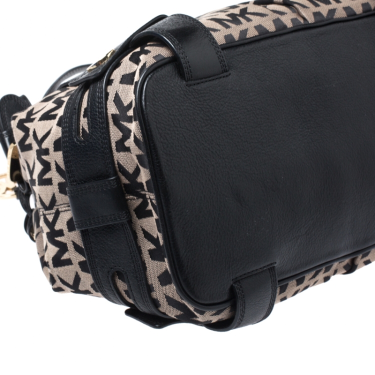 Pre Owned MICHAEL Michael Kors Black/Beige Signature Canvas and Leather Harness Grab Shoulder Bag