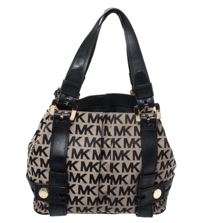 Pre Owned MICHAEL Michael Kors Black/Beige Signature Canvas and Leather Harness Grab Shoulder Bag